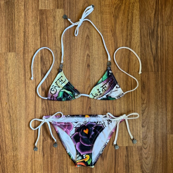 !SOLD! ED HARDY Vintage Y2K Rare White Love Life Rose String Triangle Bikini Set - Picture 1 of 15